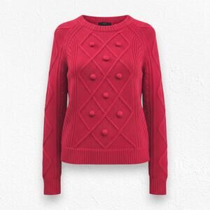 J.Crew Red Cable Knit Bobble Sweater Red 100% Wool Textured Crewneck Size XXS